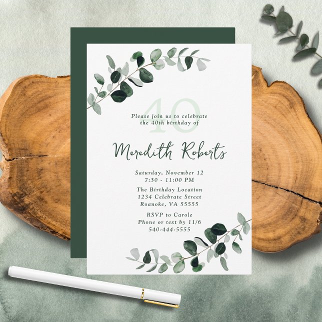 Convites Eucalyptus Botanical Greenery aniversário de 40 an (Eucalyptus Botanical Greenery Nature-Inspired 40th Birthday Party Invitation)