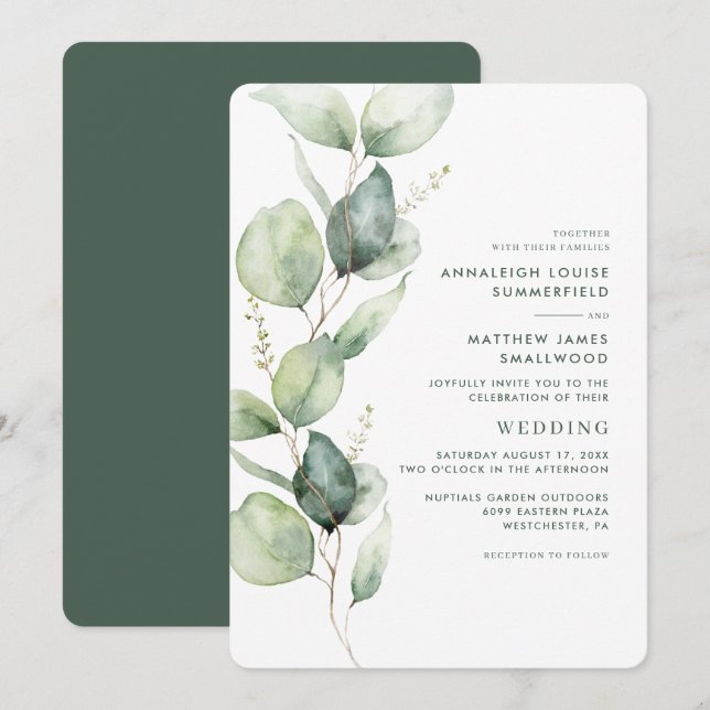 Convites Eucalyptus Botanical Greenery Casamento (Frente/Verso)