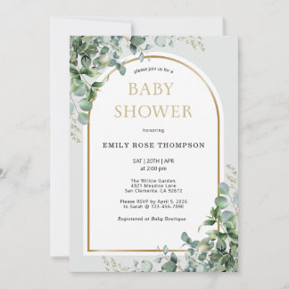Convites Eucalyptus Botanical Letter Gold Baby Shower 
