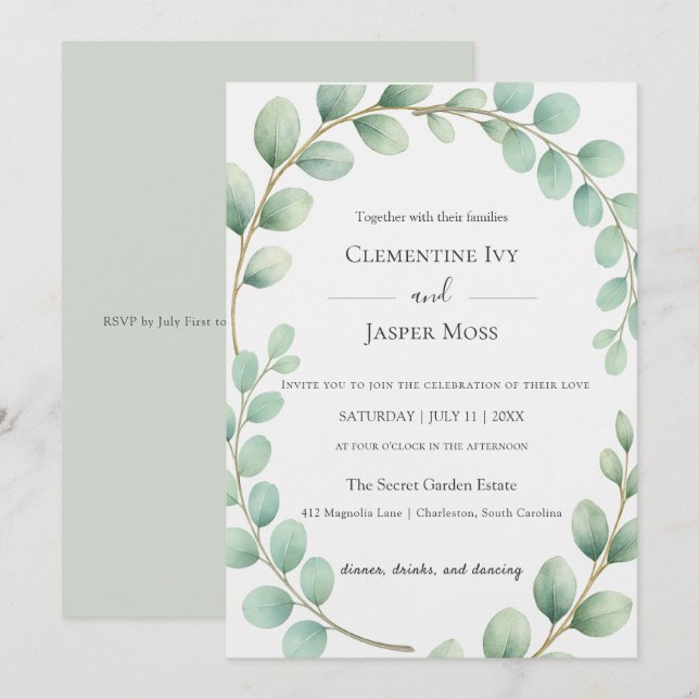 Convites Eucalyptus Botanical Sage Green Boho Wedding (Frente/Verso)