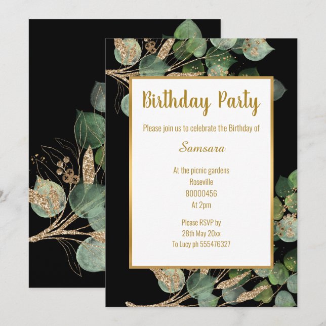 Convites Eucalyptus Branch Green Trim Birthday (Frente/Verso)