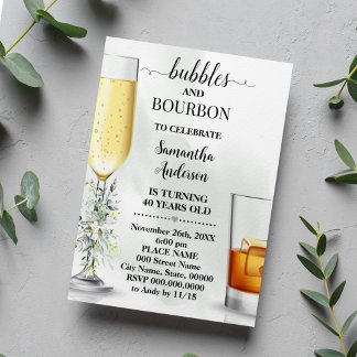 Convites Eucalyptus Bubbles e Bourbon Adultos Aniversário