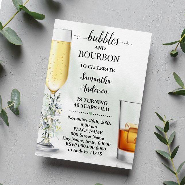 Convites Eucalyptus Bubbles e Bourbon Adultos Aniversário (Criador carregado)