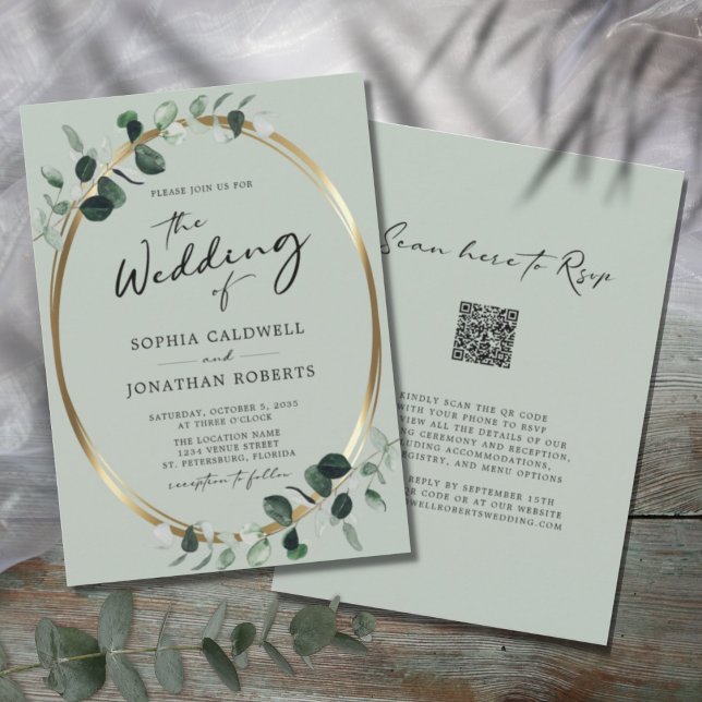 Convites Eucalyptus Calliografia Código QR RSVP Sage Weding (Criador carregado)