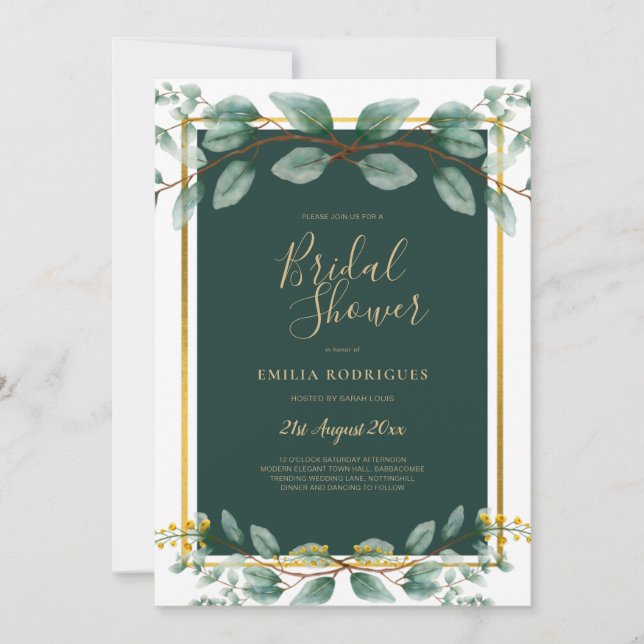 Convites Eucalyptus CHÁ DE PANELA Verde Código QR Dourado I (Frente)
