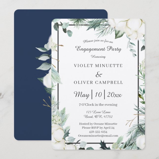 Convites Eucalyptus Cotton | Felt Ecru Festa de noivado (Frente/Verso)