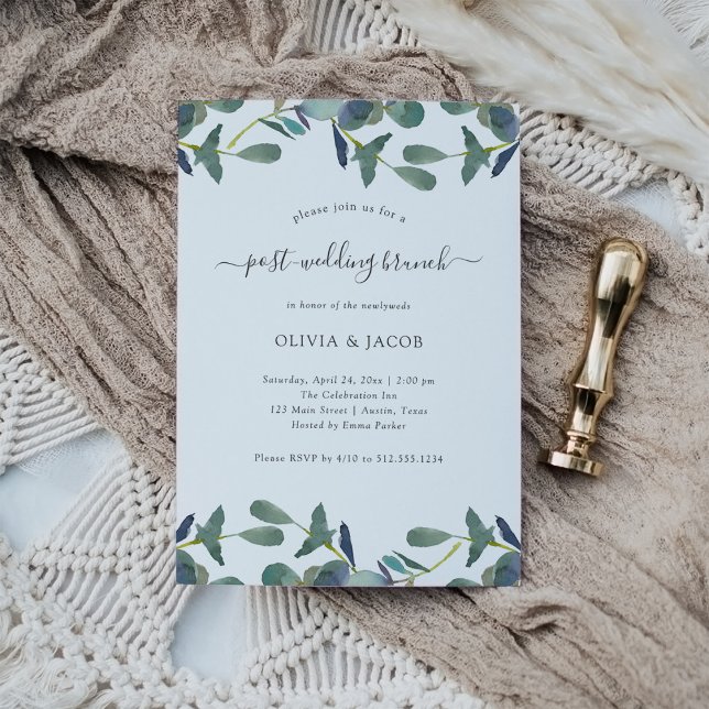 Convites Eucalyptus Crest Green deixa Poste casamento Brunc (A eucalyptus wedding invitation for your post-wedding brunch)