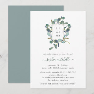 Convites Eucalyptus Crest   Watercolor Baby Sip and See