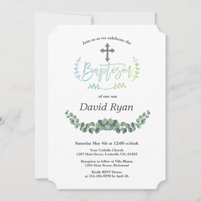 Convites Eucalyptus Cross Baptism Moderno (Frente)