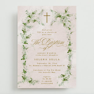 Convites Eucalyptus Cross em Wreath Girl Baptism
