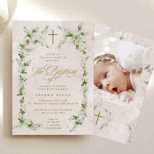 Convites Eucalyptus Cross in Wreath Girl Foto de batismo