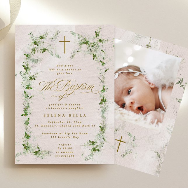 Convites Eucalyptus Cross in Wreath Girl Foto de batismo (Criador carregado)