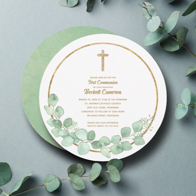 Convites Eucalyptus Cross - Primeira Comunhão (Eucalyptus wreath and gold cross first communion round invitations)