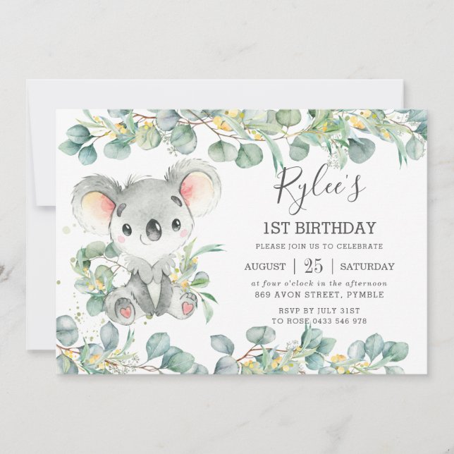 Convites Eucalyptus Cute Koala Aniversário (Frente)