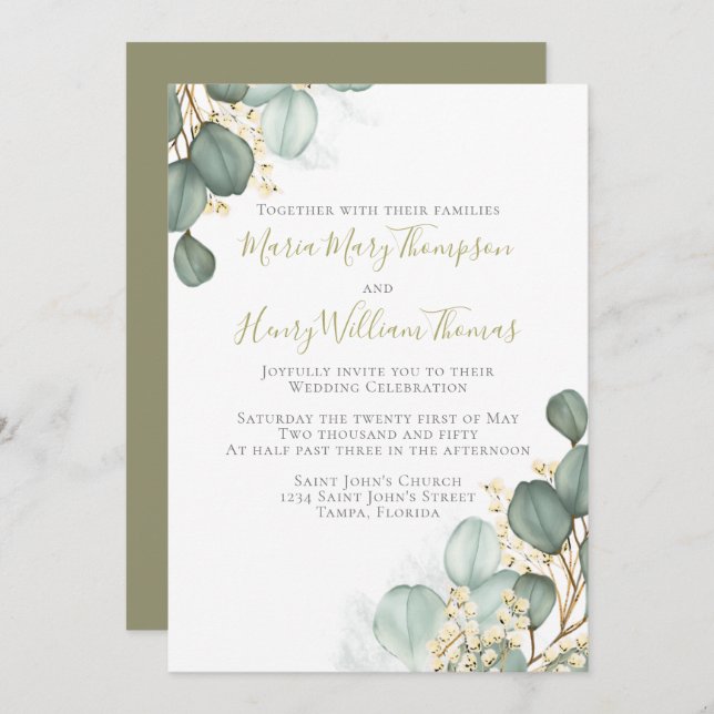 Convites Eucalyptus deixa aquarela minimalista (Frente/Verso)