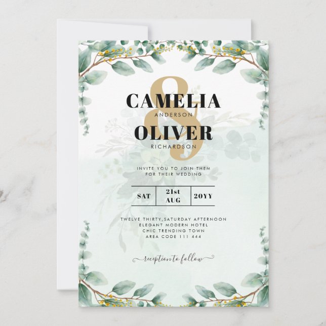 Convites Eucalyptus deixa DOURADO ORÇAMENTO DE CÓDIGO QR DE (Frente)
