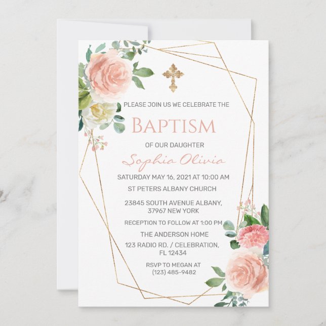 Convites Eucalyptus, Dourada, "Eucalyptus Girl Baptism Invi (Frente)