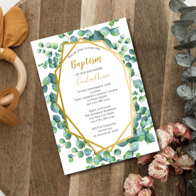 Convites Eucalyptus, Dourada Garota Floral Verde Batismo (Eucalyptus Gold Frame Formal Baptism Invitation Baby Boy or Girl. Printed or Instant Download )