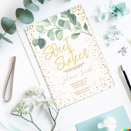 Convites Eucalyptus Dourado Confetti Doce Dezesseis Anivers