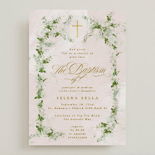 Convites Eucalyptus Dourado Cross Wreath Girl Baptism