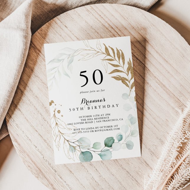 Convites Eucalyptus Dourado Floral 50ª Festa de aniversário (Criador carregado)