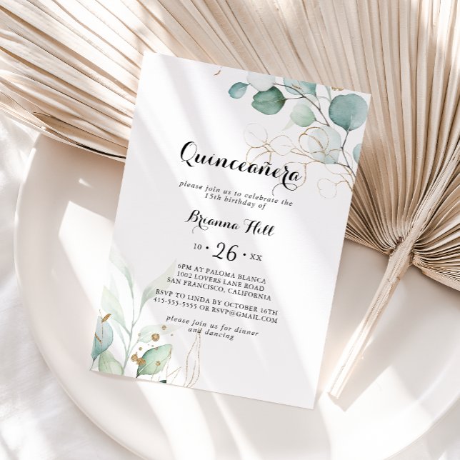 Convites Eucalyptus Dourado Floral Quinceañera (Criador carregado)