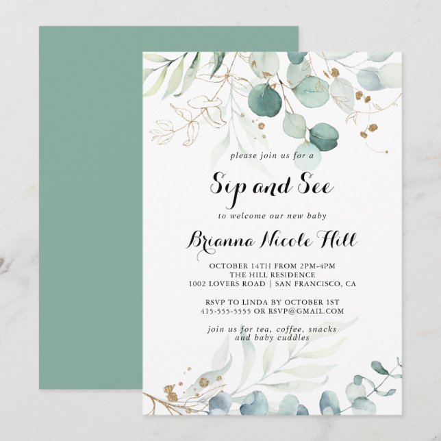 Convites Eucalyptus Dourado Floral Sip e Veja (Frente/Verso)