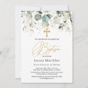 Convites Eucalyptus Dourado Foliage Cross Baptism 