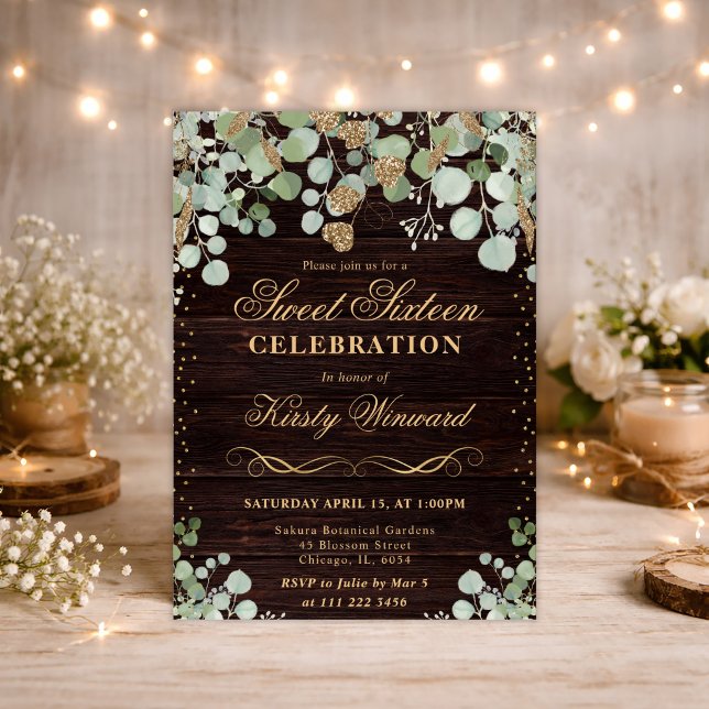 Convites Eucalyptus Dourado Rustic Watercolor Sweet 16 (Criador carregado)