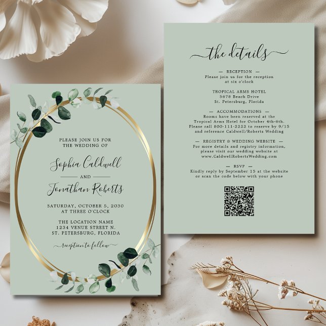 Convites Eucalyptus Dourado Sage All in One Wedding (Updated Eucalyptus Gold Sage Double Sided All in One Wedding Invitation)