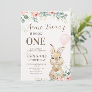 Convites Eucalyptus e Floral Rosa Algum Aniversário Coelho