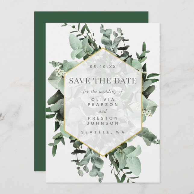 Convites Eucalyptus e Greenery Watercolor Salvar a Data (Frente/Verso)