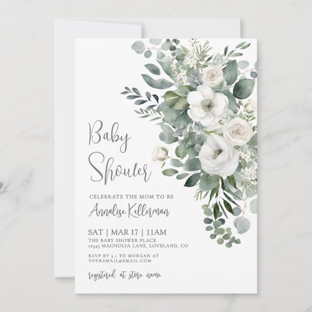 Convites Eucalyptus Elegant Floral Baby Shower (Frente)