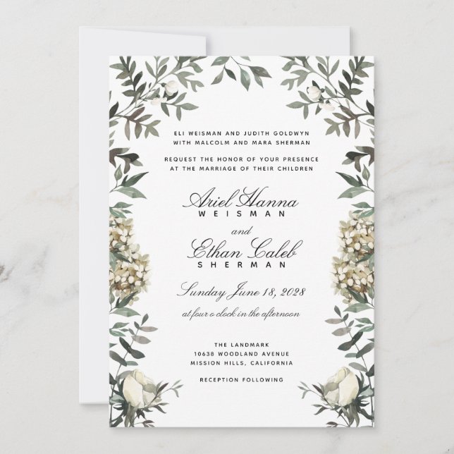 Convites Eucalyptus Ferns White Flowers Archway Wedding  (Frente)
