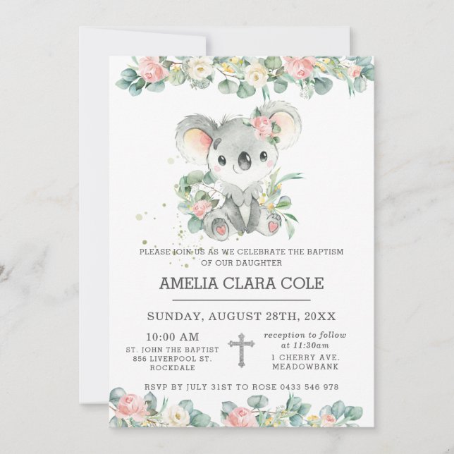 Convites Eucalyptus Floral Cute Koala Baptism Christening (Frente)