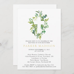 Convites Eucalyptus Floral Greens Aquarela Batismo Cruzado