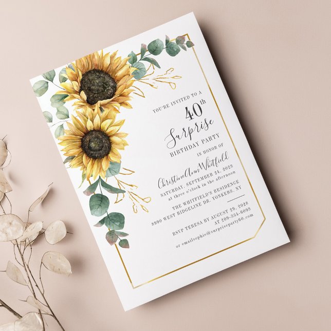 Convites Eucalyptus Floral Sunflower aniversário de 40 anos (40th Birthday Sunflower Eucalyptus Greenery Surprise Party invitation)