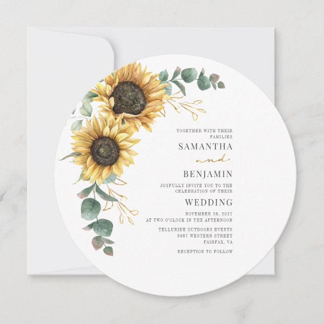 Convites Eucalyptus Floral Sunflower Greenery Casamento (Frente)