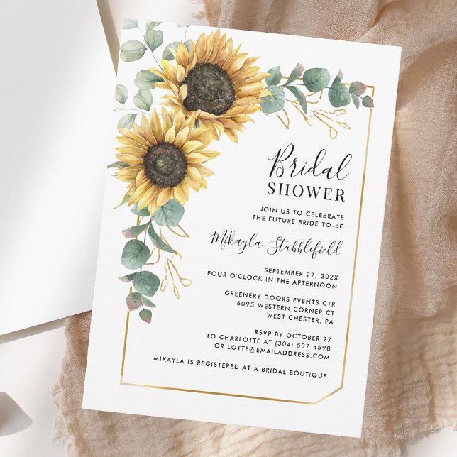 Convites Eucalyptus Foliage Girassol Chá de panela Floral (Watercolor Eucalyptus Sunflower Floral Bridal Shower Invitation)