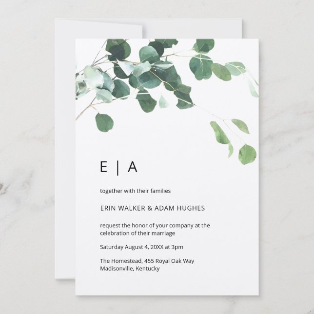 Convites Eucalyptus Foliage Rustic Kraft Inicials Wedals (Frente)