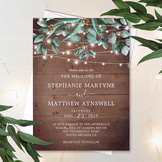 Convites Eucalyptus Foliage Rustic Lights Wood Casamento (Criador carregado)