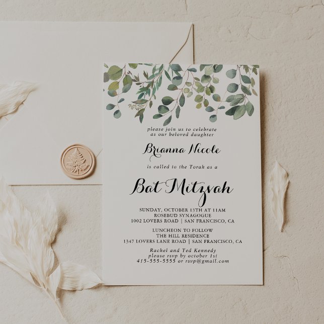 Convites Eucalyptus Foliage Verde Delight Bat Mitzvah (Criador carregado)