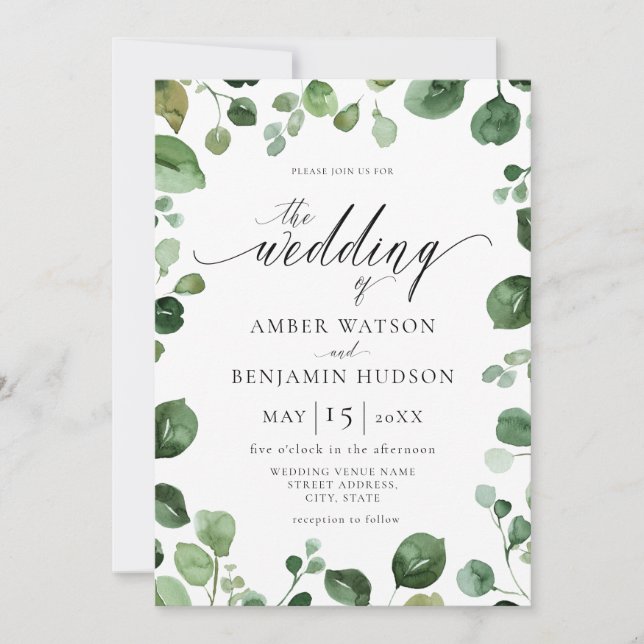Convites Eucalyptus Foliage Watercolor Casamento Verde (Frente)