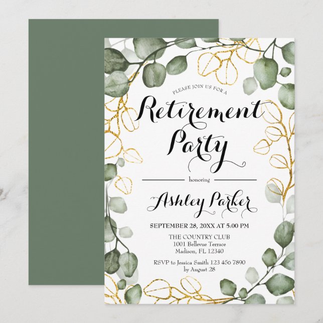 Convites Eucalyptus Foliage Wreath Retirement Party (Frente/Verso)