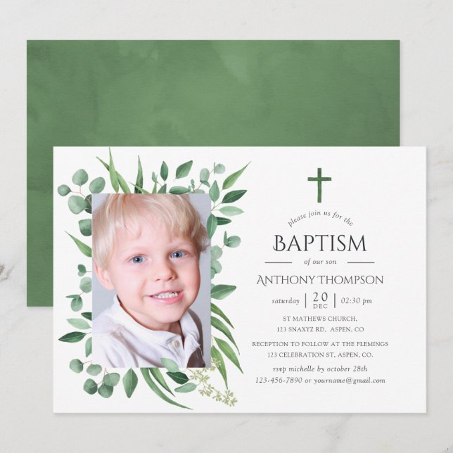 Convites Eucalyptus Forest Greenery Baptism ou Christening (Frente/Verso)