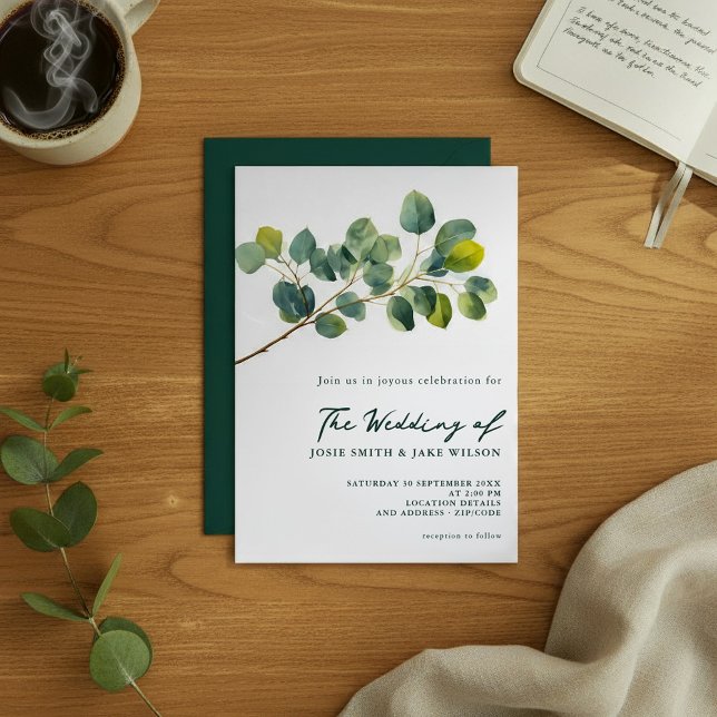 Convites Eucalyptus galhos verdes folhas casamento (Eucalyptus branches green leaves wedding invitation.)