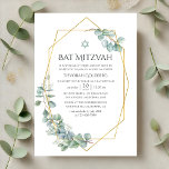 Convites Eucalyptus Geométrico Bat Mitzvah<br><div class="desc">Convite de morcego mitzvah de eucalipto verde florestal com estrutura geométrica dourada personalizável para suas especificidades de evento. Celebre este marco significativo com um convite elegante do Bat Mitzvah, com sotaques de eucalipto de cor aquosa macia e um quadro geométrico de ouro moderno. A tipografia limpa e a design minimalista...</div>
