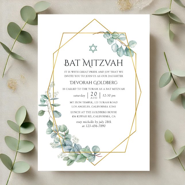 Convites Eucalyptus Geométrico Bat Mitzvah (Watercolor Geometric Eucalyptus Bat Mitzvah Invitation)