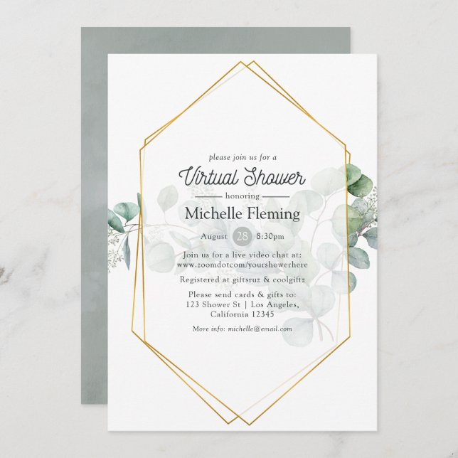 Convites Eucalyptus Geométrico Bridal ou Chá de fraldas Vir (Frente/Verso)