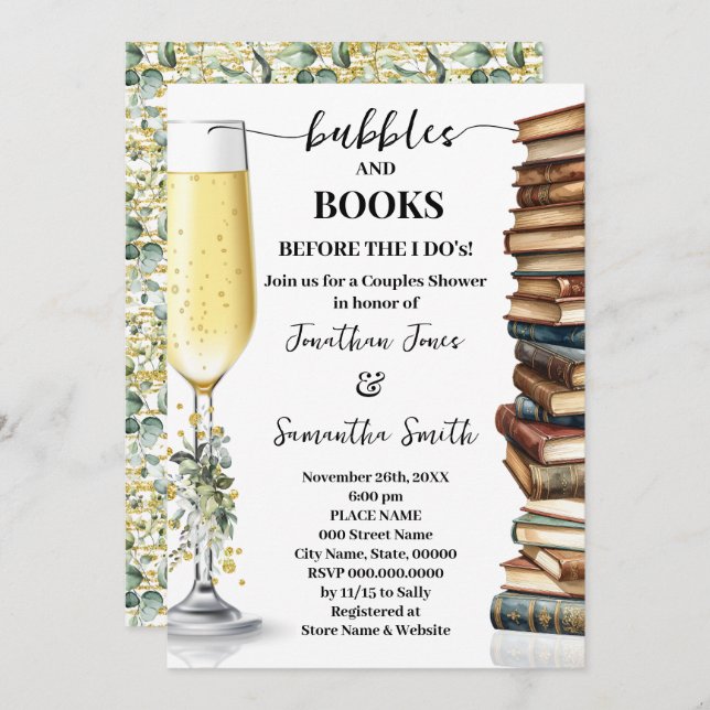 Convites Eucalyptus Gold Bubbles & Books Couples Shower (Frente/Verso)